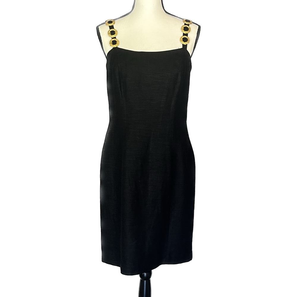 Black Sleeveless Sheath Dress with Gold Accent Straps